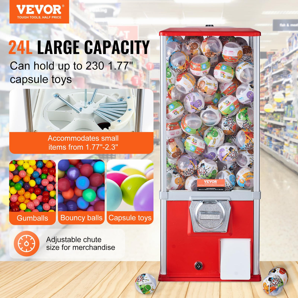 VEVOR gumball machine red side panel highlighting durable frame for heavy use