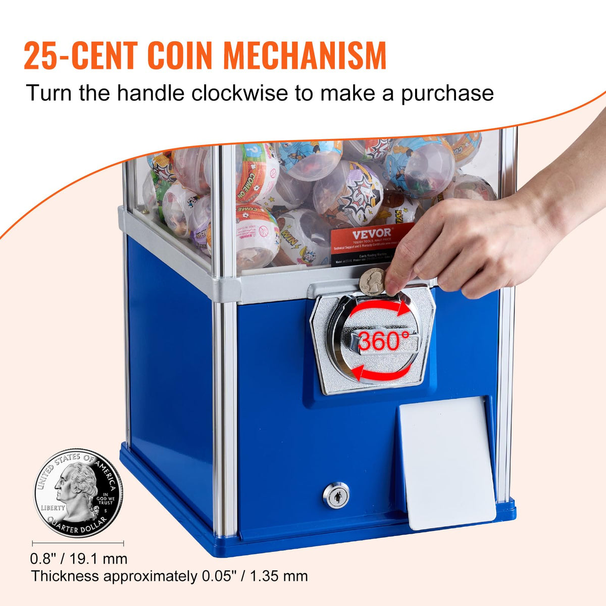 VEVOR Gumball Machine kids blue - coin mechanism closeup, no electricity needed.