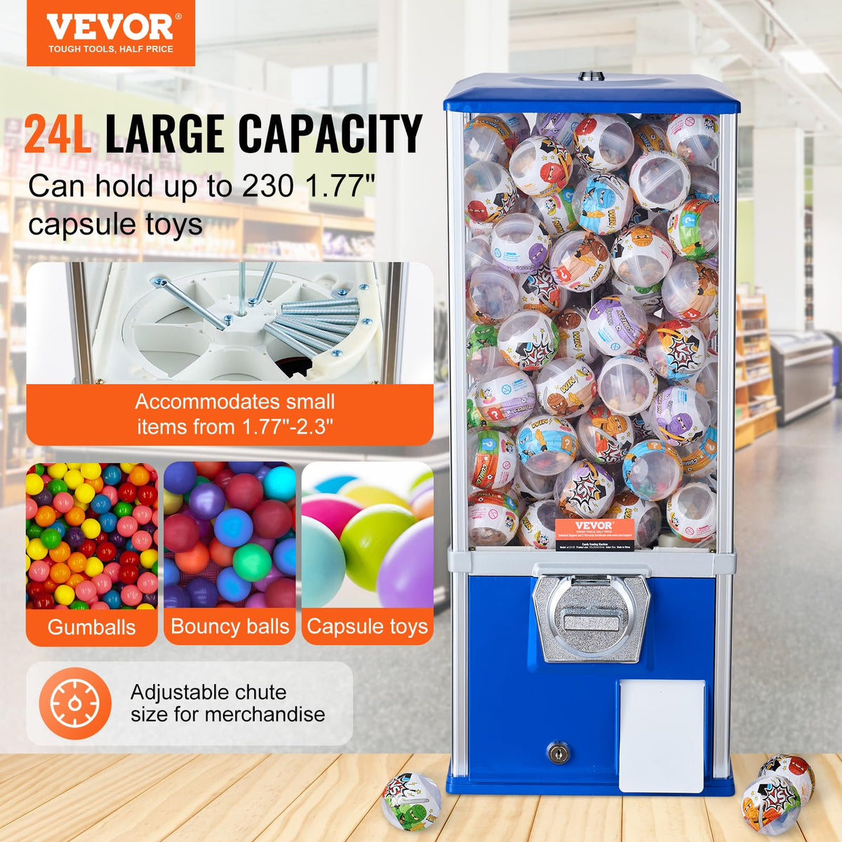VEVOR Gumball Machine kids blue - side capacity view, demonstrates large capacity for capsules.