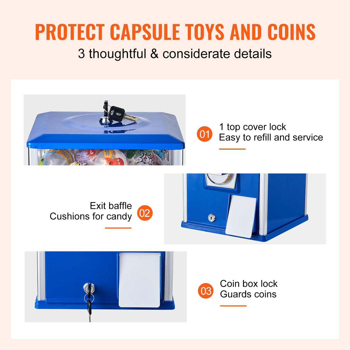 VEVOR Gumball Machine kids blue - top lock keeps toys and coins secure.