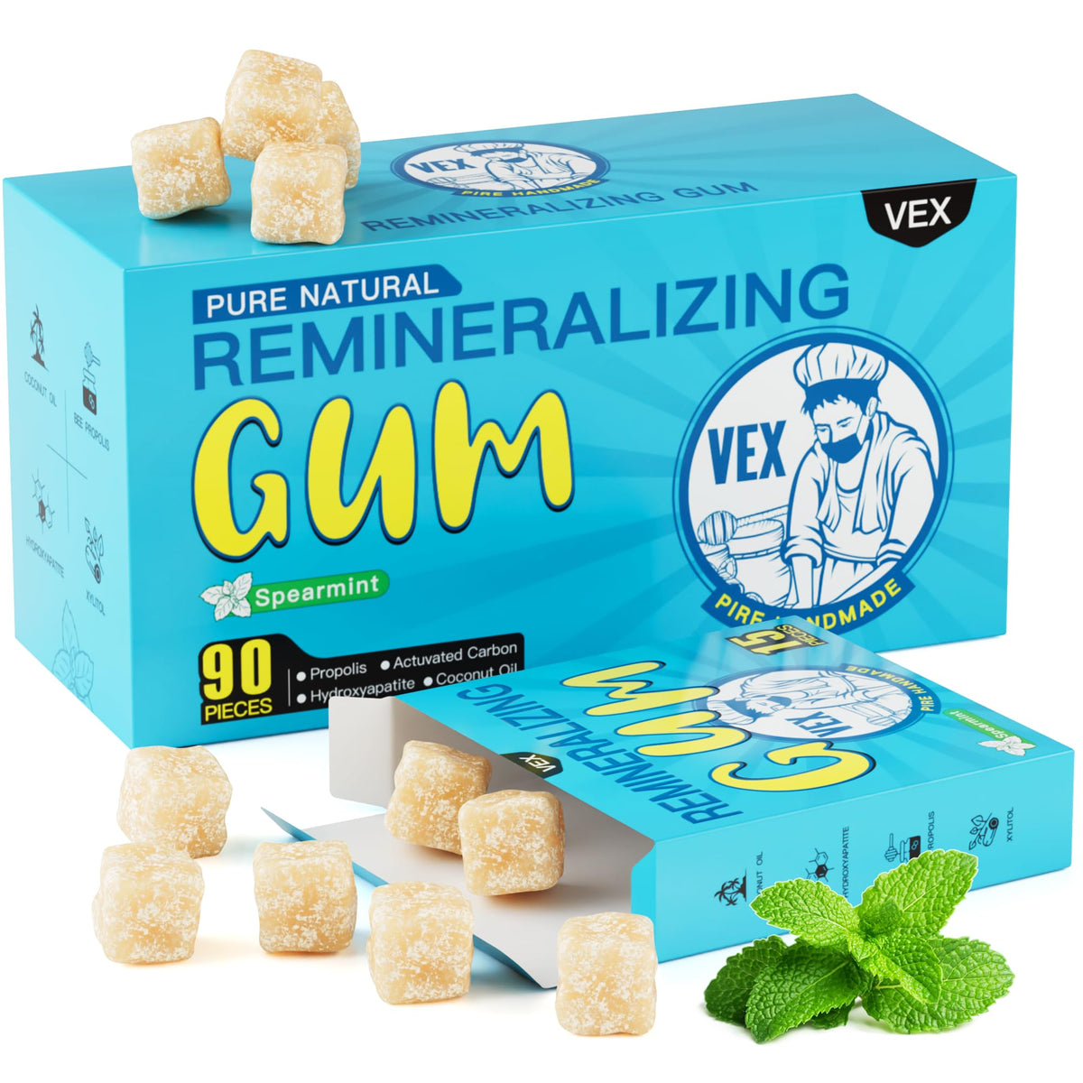 VEX remineralizing gum packaging showcases enamel-friendly formula for daily care.