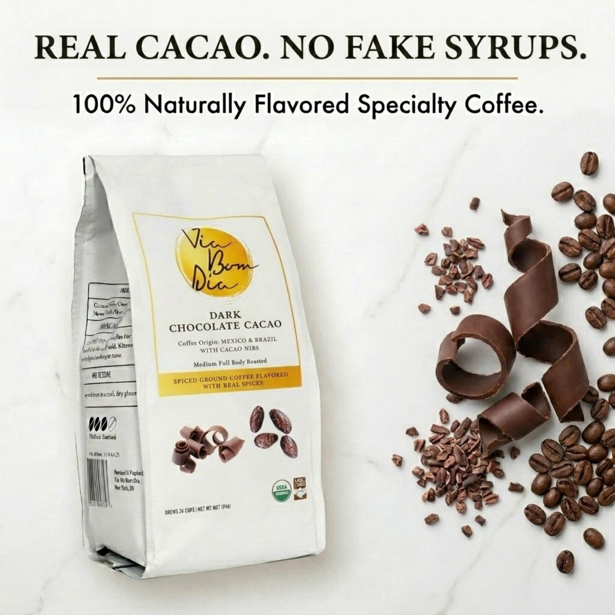 Steaming cup of Via Bom Dia dark chocolate coffee releasing inviting aroma.