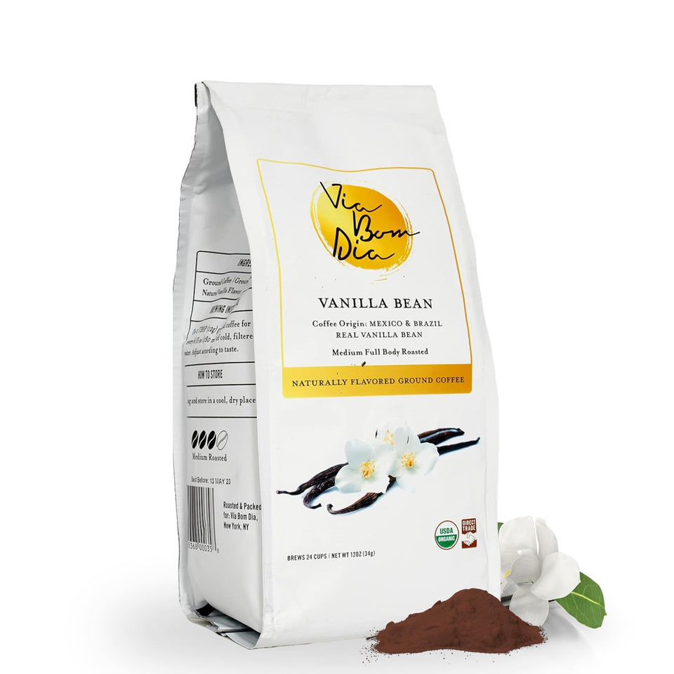 Via Bom Dia vanilla bean flavored coffee grounds with smooth aroma for mornings