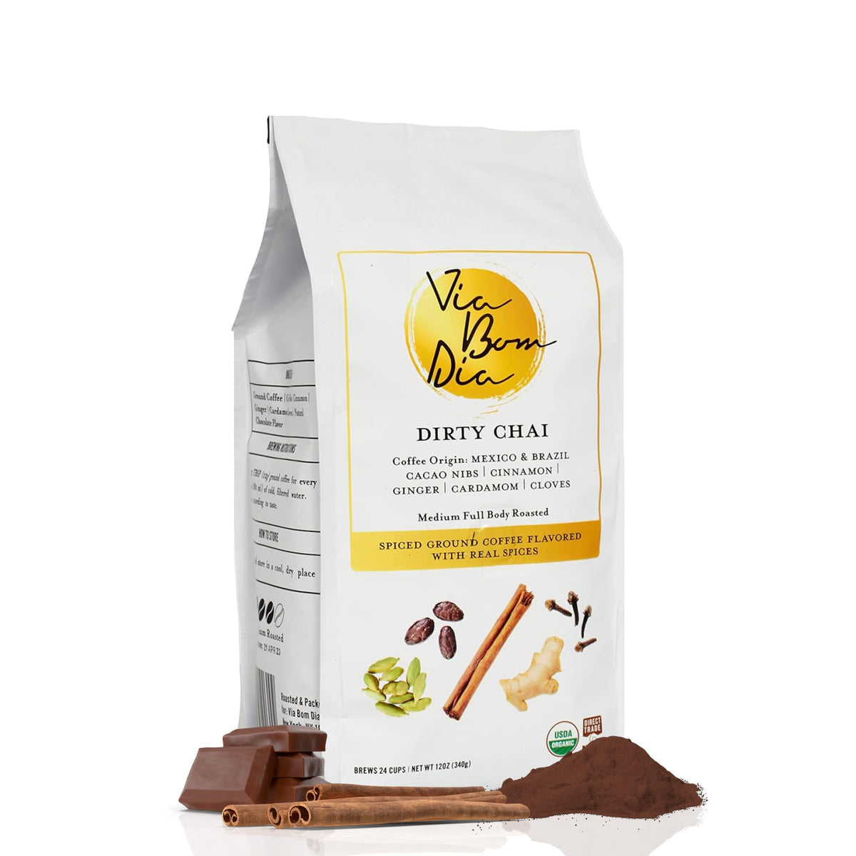 Via Bom Dia Dirty Chai ground coffee bag with natural flavors for a smooth morning