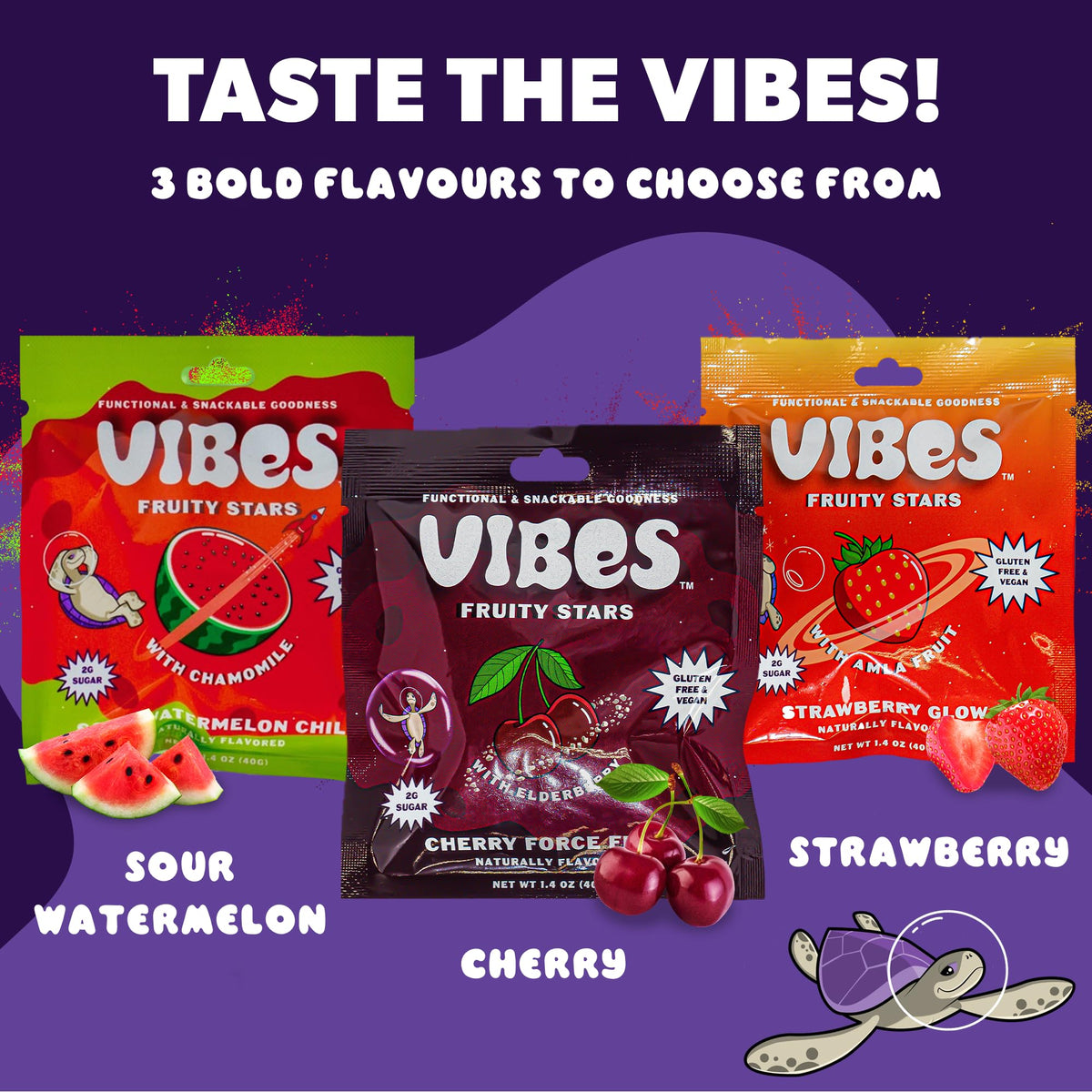 VIBES Fruity Stars 6-packs on display highlight bulk convenience.