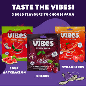 VIBES Fruity Stars 6-packs on display highlight bulk convenience.