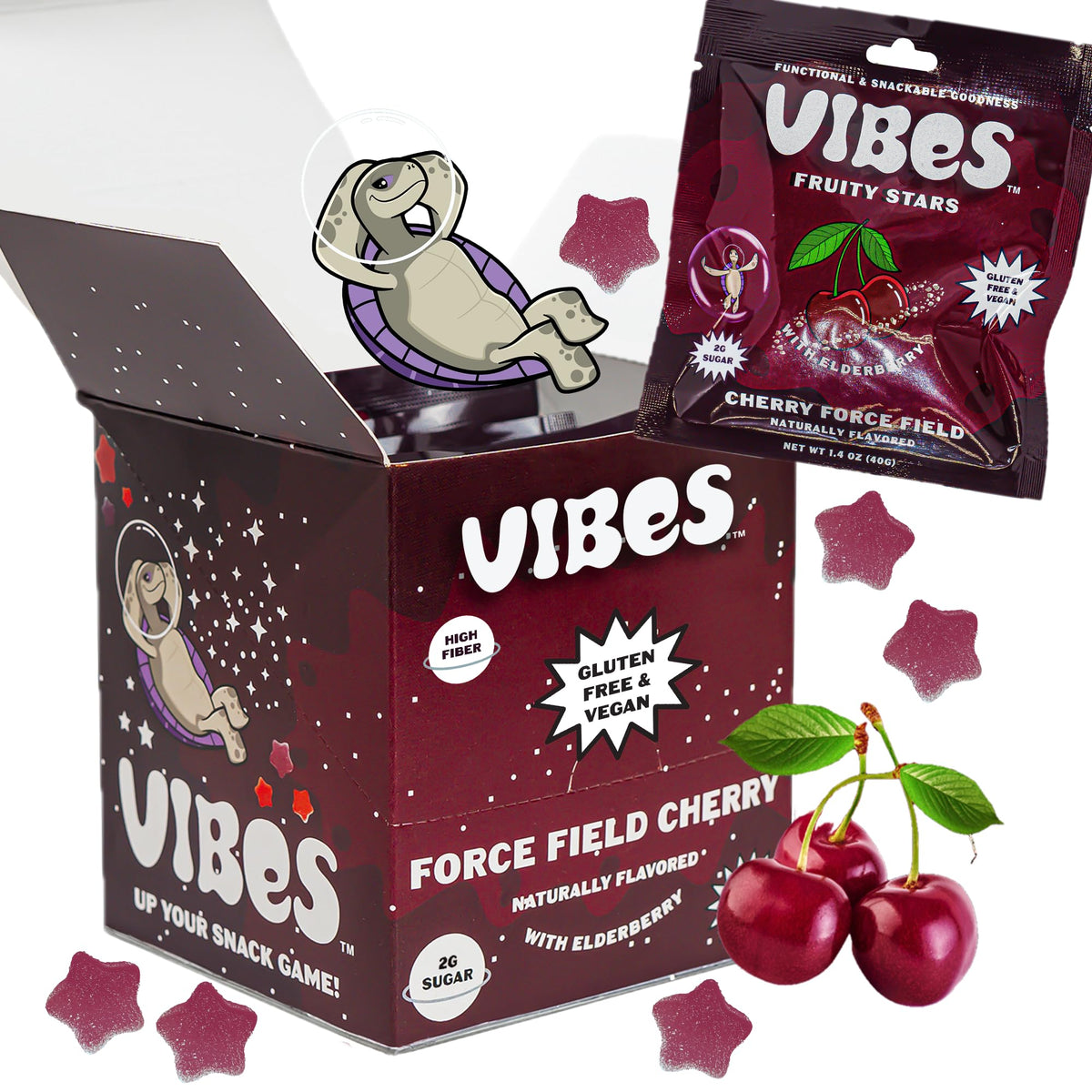 VIBES Cherry Force Field Fruity Stars box shows gluten-free, high-fiber snack appeal for busy mornings.