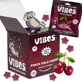VIBES Cherry Force Field Fruity Stars box shows gluten-free, high-fiber snack appeal for busy mornings.