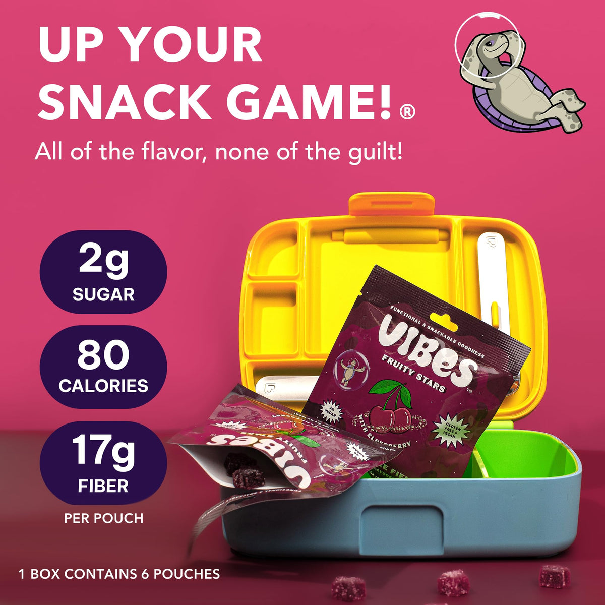 VIBES Cherry Force Field Fruity Stars pouch displays 6-pack portability for on-the-go snacks.