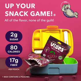 VIBES Cherry Force Field Fruity Stars pouch displays 6-pack portability for on-the-go snacks.