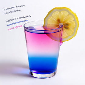 Viccoky blue matcha tea infusion in glass highlights caffeine-free color.