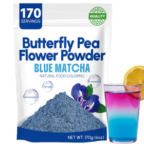 Viccoky butterfly pea flower powder jar shows vibrant blue hue for natural food coloring.