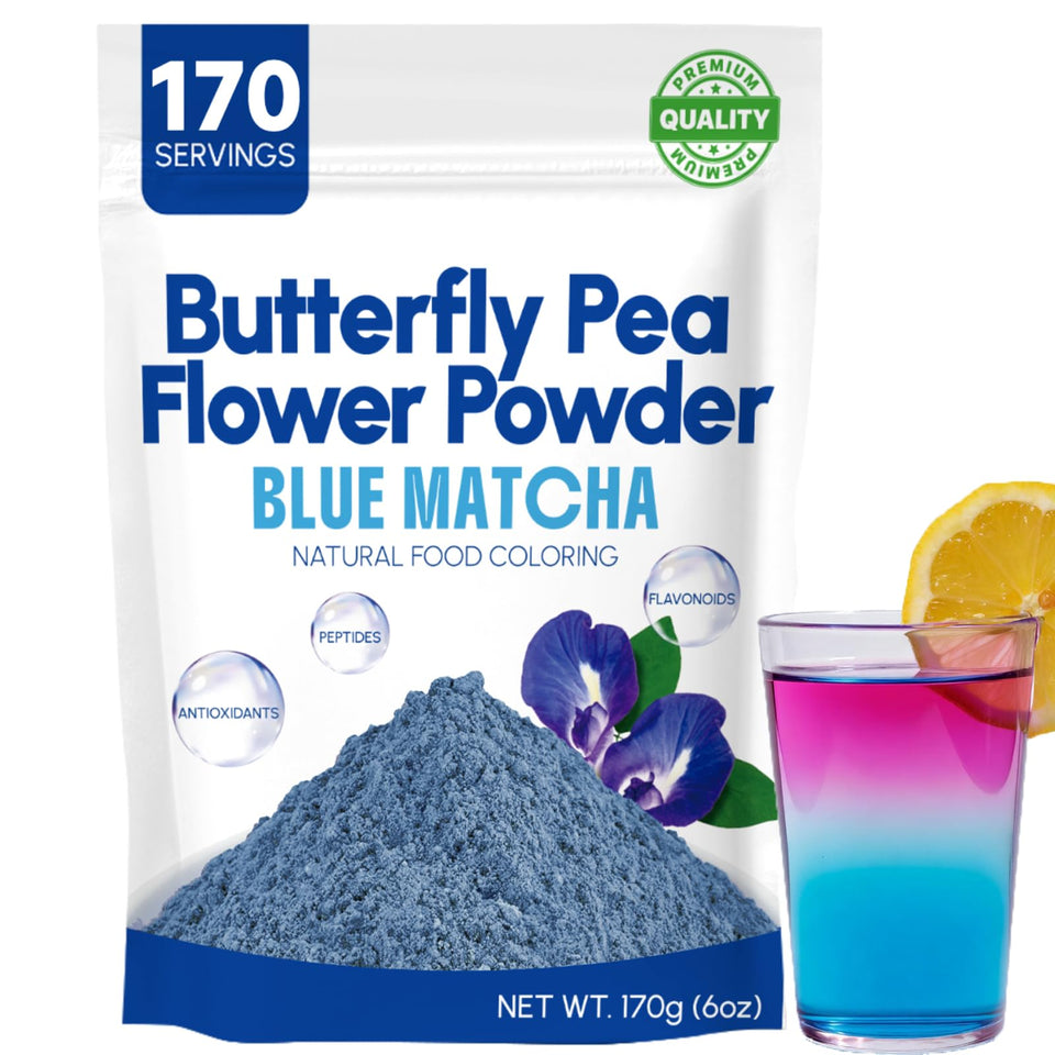 Viccoky butterfly pea flower powder jar shows vibrant blue hue for natural food coloring.