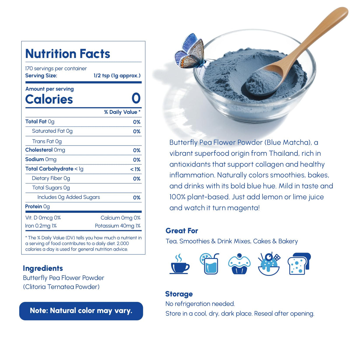 Viccoky butterfly pea powder scoop for precise flavor and color measurement.