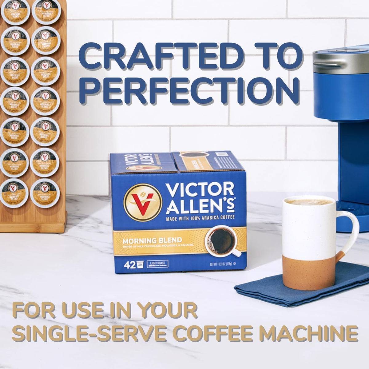 Victor Allen's Across America 96-pod variety box front image shows convenient single-serve coffee.