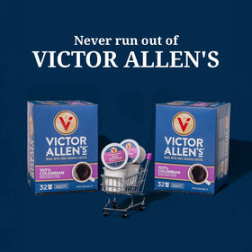 Victor Allen's decaf pod setup with mug, quick comforting brew at home.