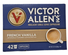 Victor Allen Indulgent French Vanilla cappuccino cups in packaging, easy home café solution.
