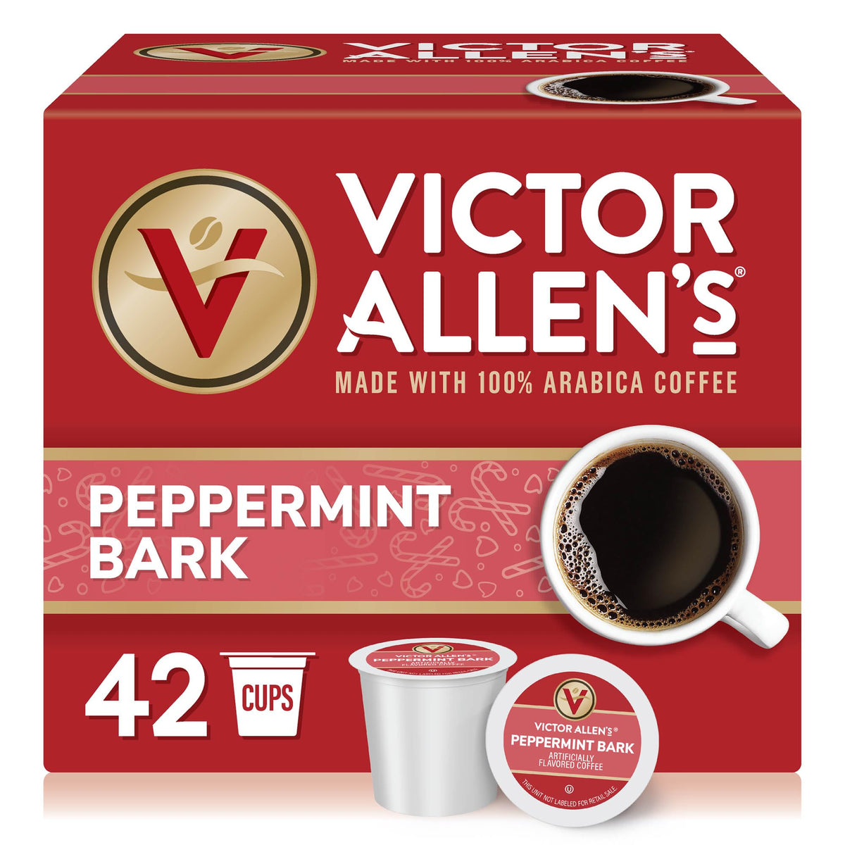 Victor Allen's Peppermint Bark pods in the box front, perfect for a festive morning boost.