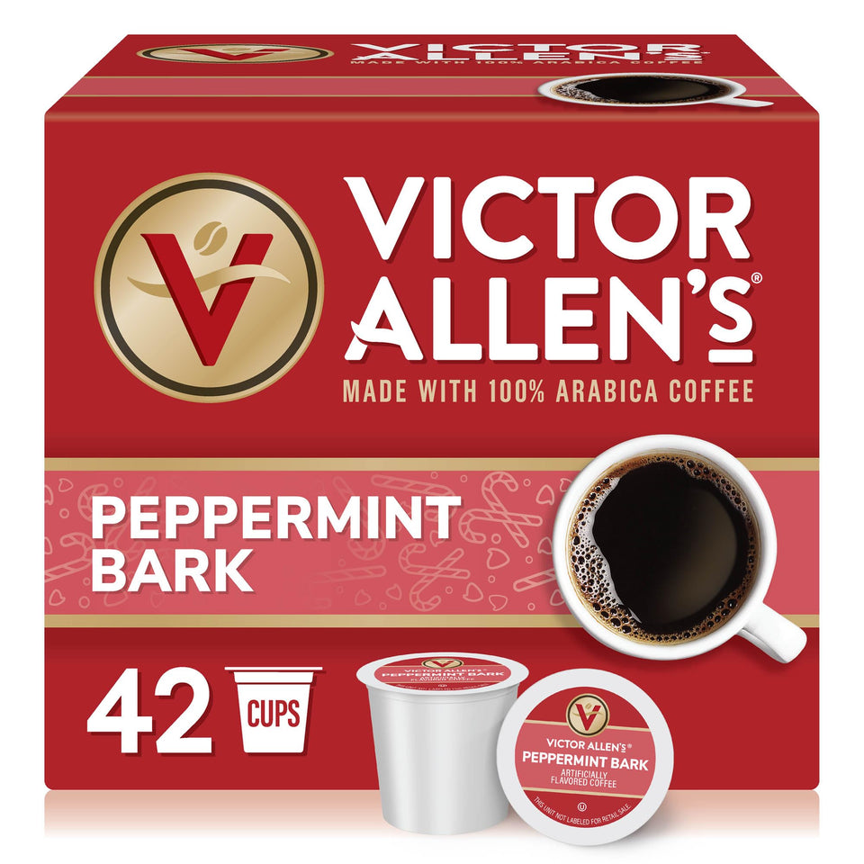 Victor Allen's Peppermint Bark pods in the box front, perfect for a festive morning boost.
