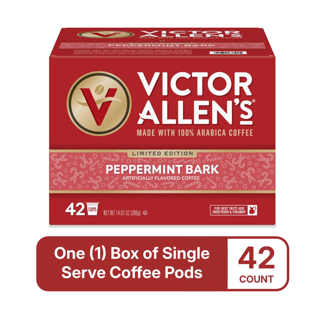 Victor Allen's Peppermint Bark pod close-up shows convenient single-serve brewing.