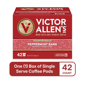 Victor Allen's Peppermint Bark pod close-up shows convenient single-serve brewing.