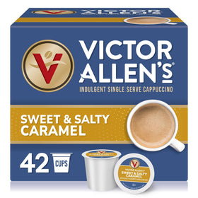 Victor Allen's Sweet and Salty Caramel cappuccino pods in a 42‑count box for home brewing.