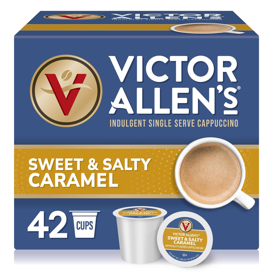 Victor Allen's Sweet and Salty Caramel cappuccino pods in a 42‑count box for home brewing.