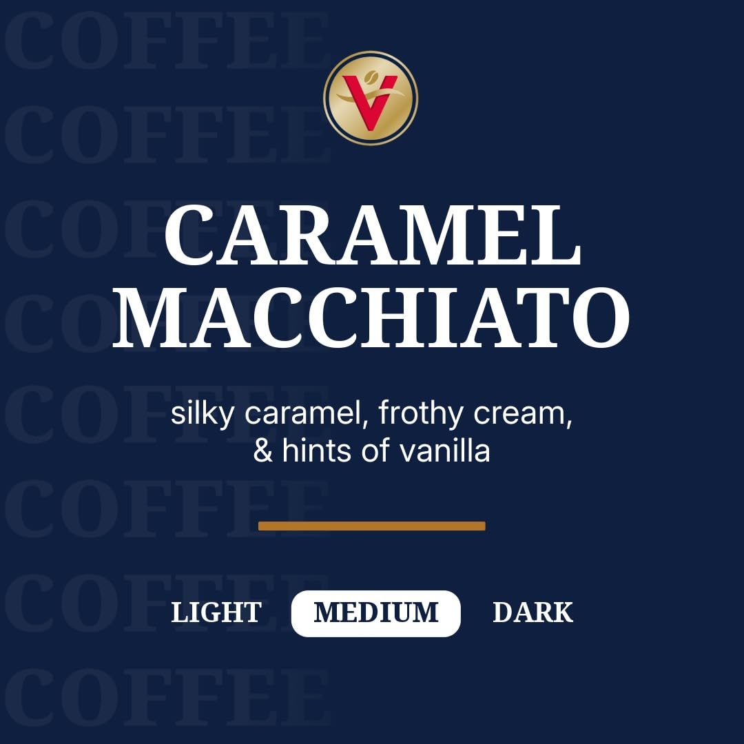 Caramel Macchiato pod pack on kitchen counter ready for a Keurig brew.