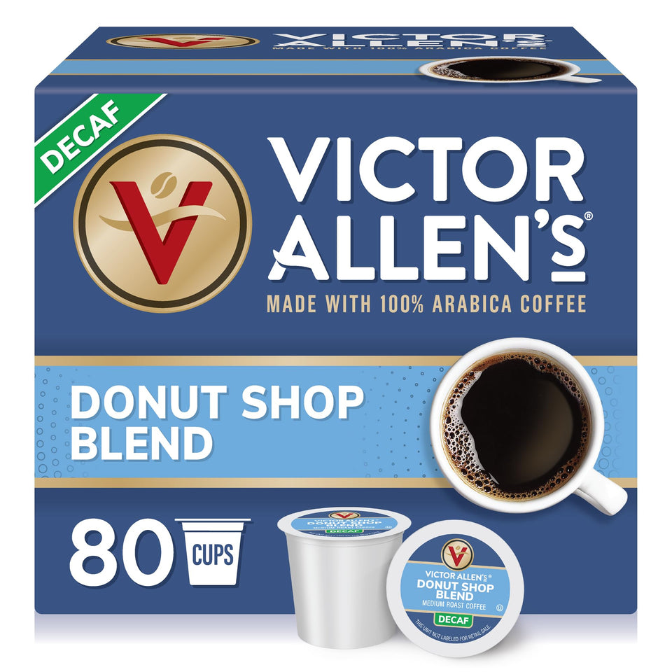 Victor Allen's Decaf Donut Shop Blend box displaying 80 K-Cups for easy mornings.