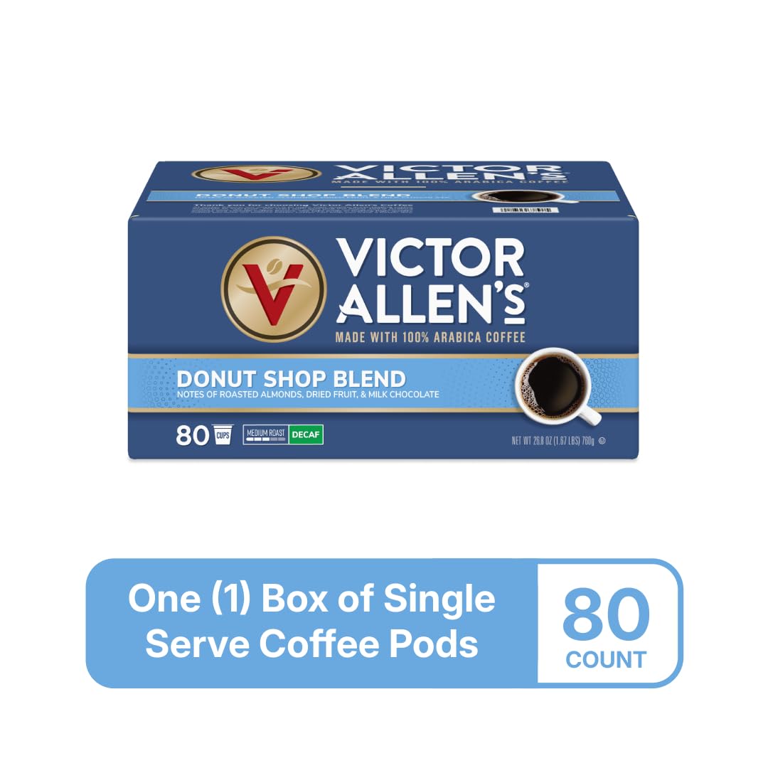 Victor Allen's Decaf Donut Shop K-Cup brewer display compatible with Keurig machines.