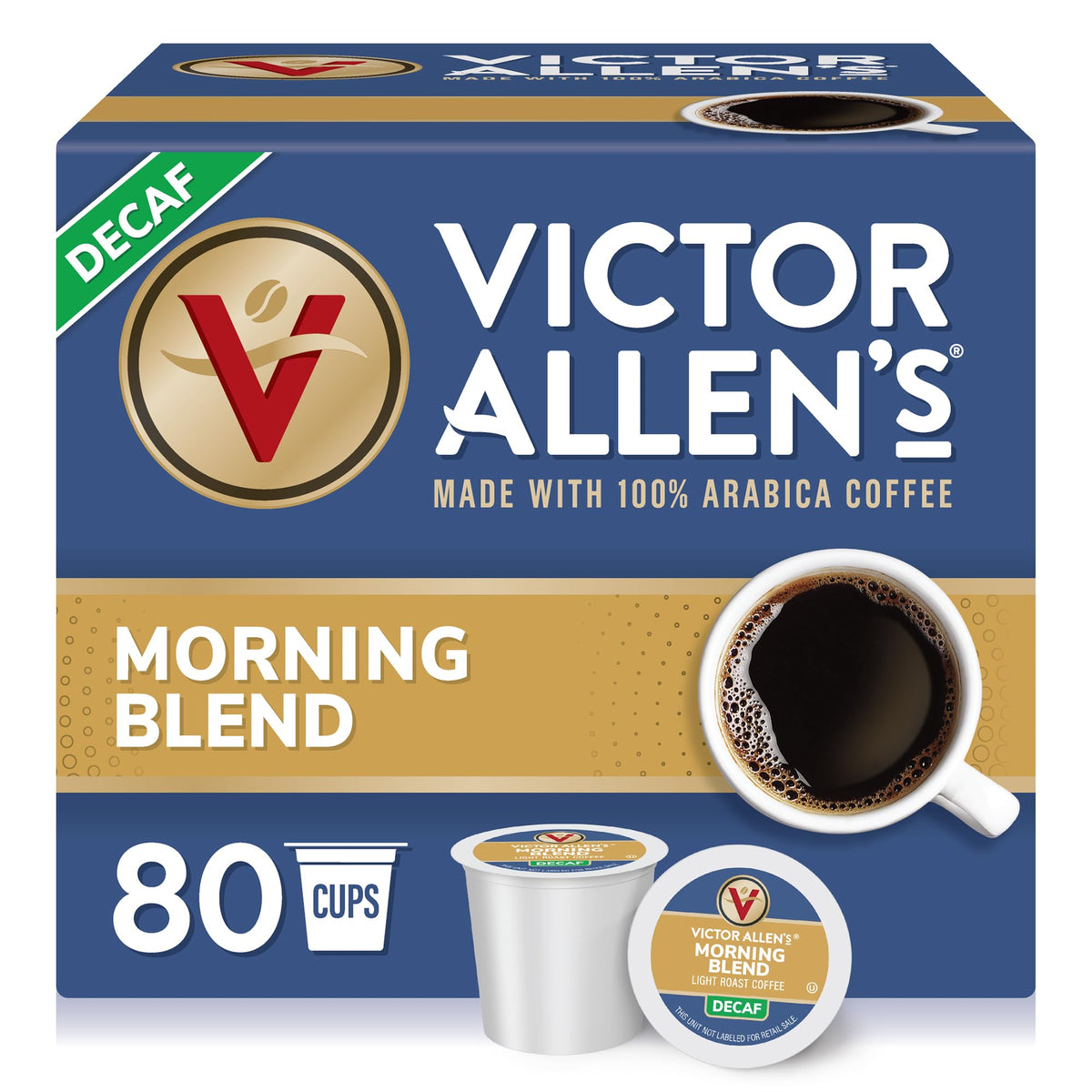 Victor Allen's Decaf Morning Blend pods in a box for easy daily mornings.
