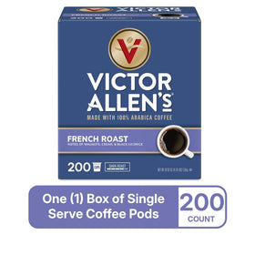 Victor Allen's French Roast box and pods on a kitchen counter