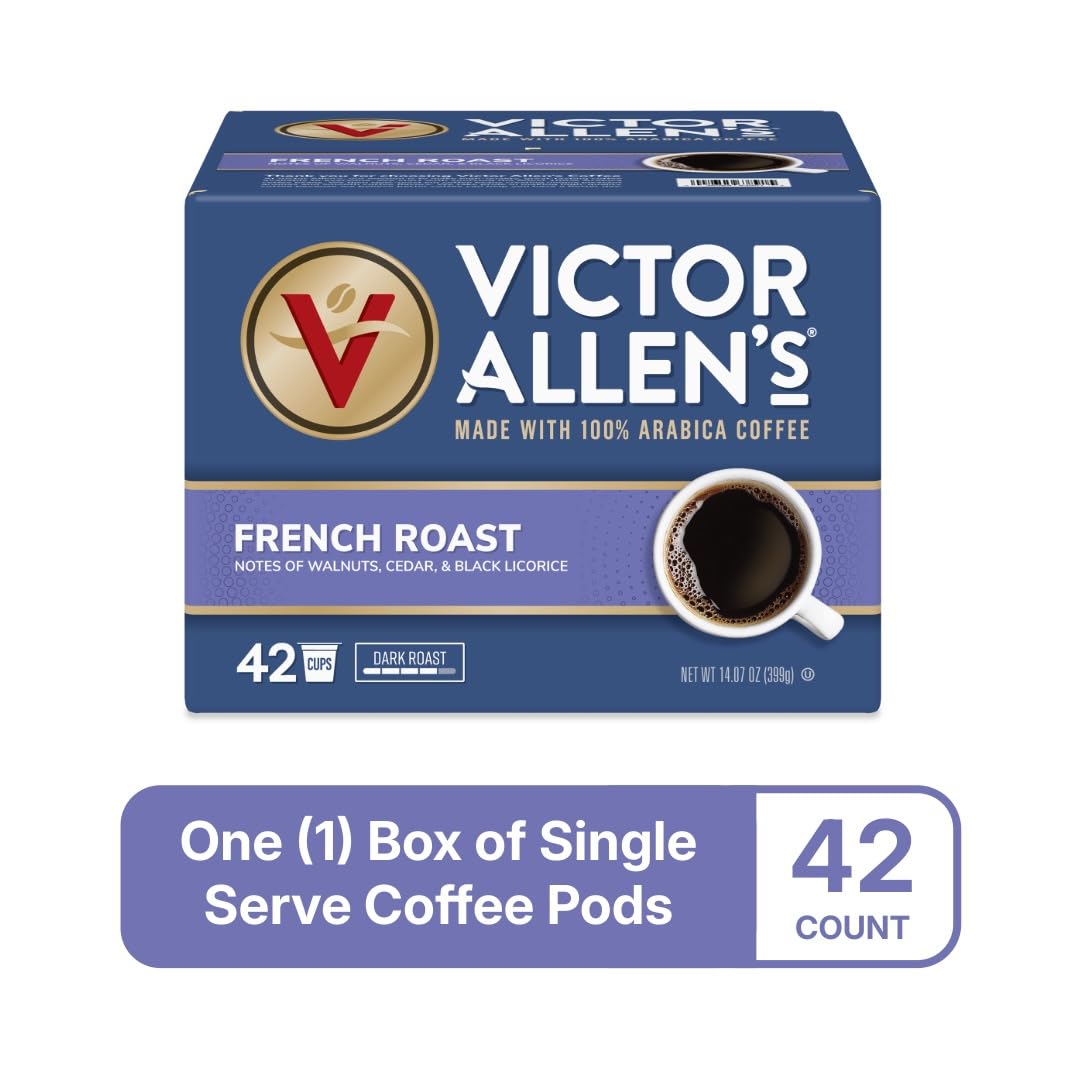 Victor Allen's French Roast pods brewed into a cup, velvety body and smoky notes