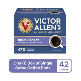 Victor Allen's French Roast pods brewed into a cup, velvety body and smoky notes