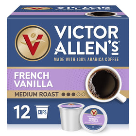 Victor Allen's French Vanilla pods box showing the convenient, smooth vanilla coffee experience.