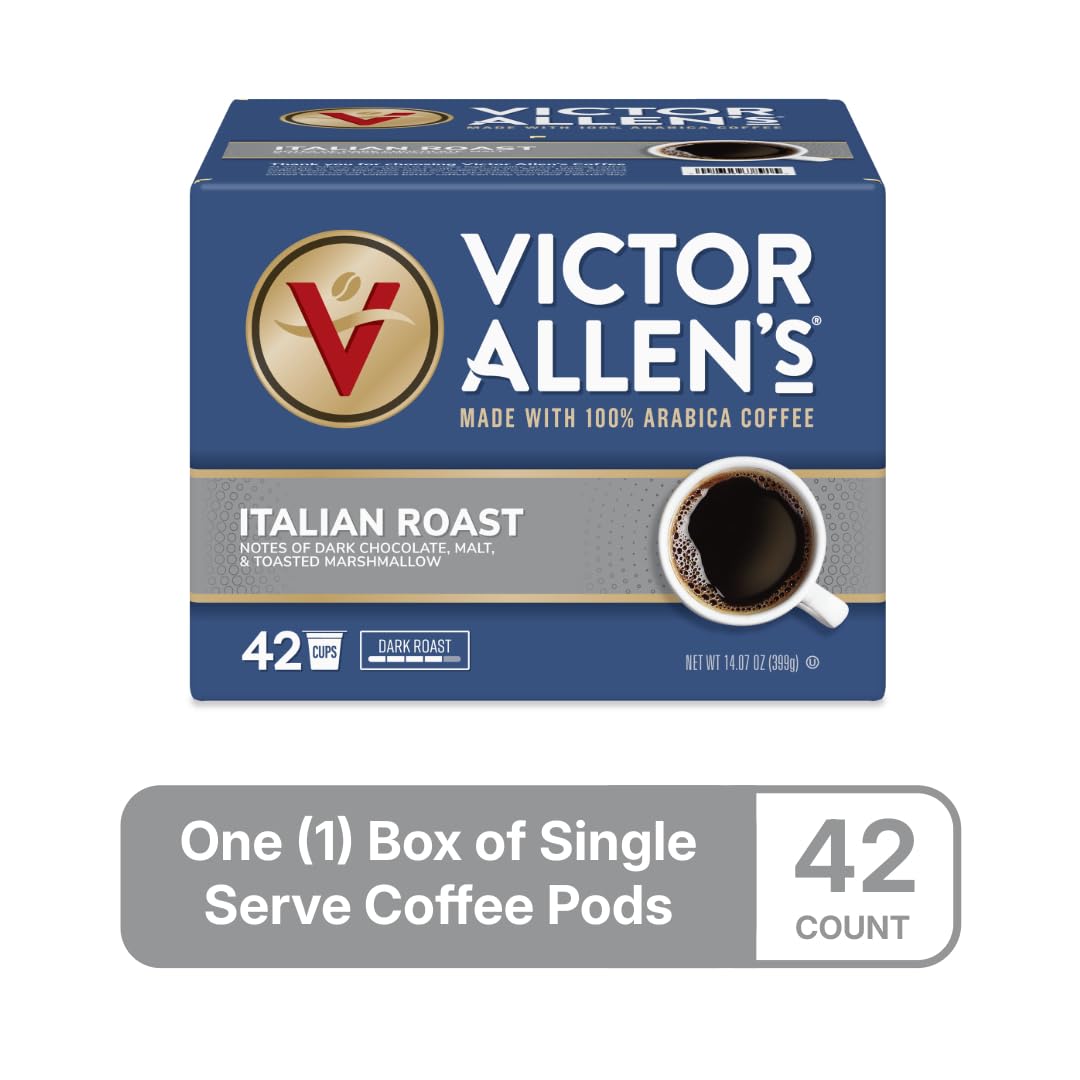 Victor Allen's Italian Roast pod beside a steaming cup