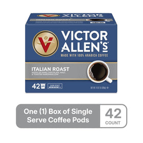 Victor Allen's Italian Roast pod beside a steaming cup