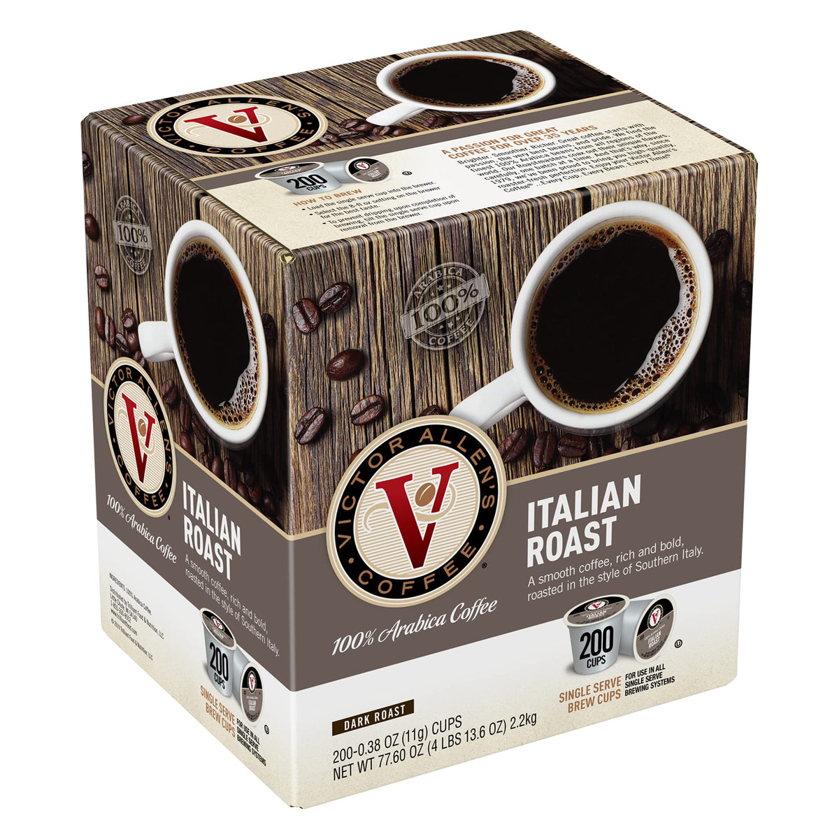 Victor Allen's Italian Roast pods boxed for Keurig brewers with bold flavor emphasis