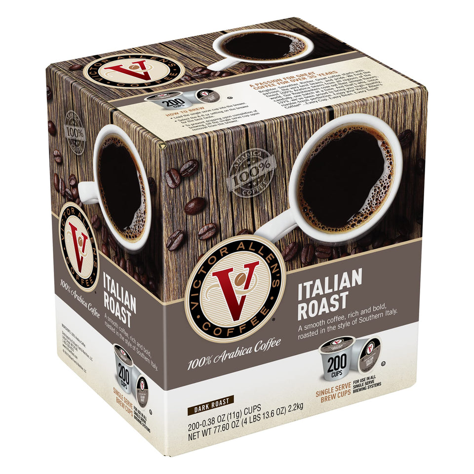 Victor Allen's Italian Roast pods boxed for Keurig brewers with bold flavor emphasis