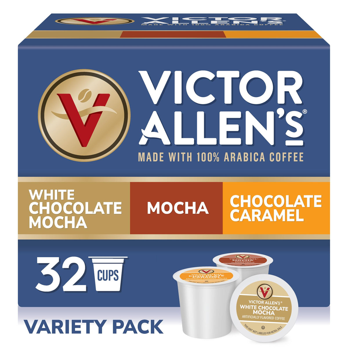 Victor Allen's Coffee mocha variety pack image showing three flavors for Keurig brewers.