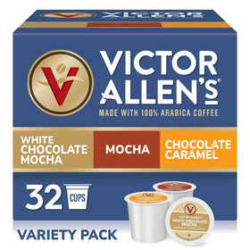 Victor Allen's Coffee mocha variety pack image showing three flavors for Keurig brewers.