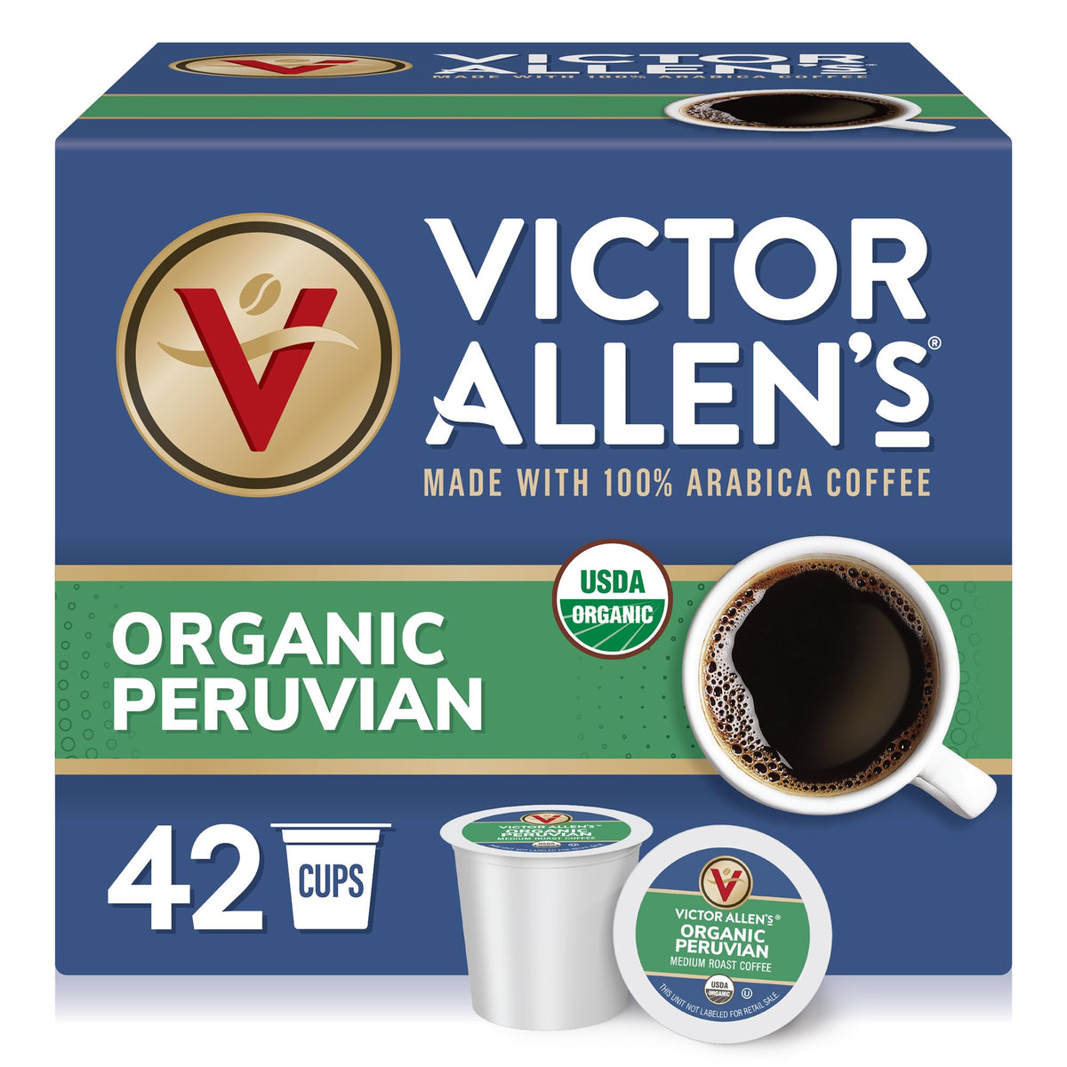 Victor Allen's Organic Peruvian pods shown in packaging for a balanced morning brew