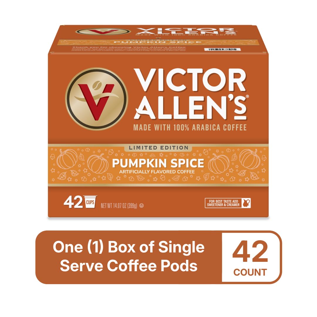 Victor Allen's Pumpkin Spice pods label highlights medium roast and pumpkin-cinnamon notes.