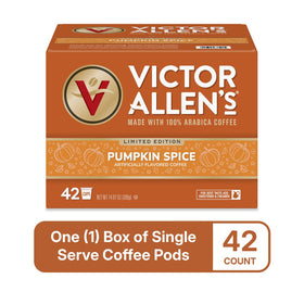 Victor Allen's Pumpkin Spice pods label highlights medium roast and pumpkin-cinnamon notes.