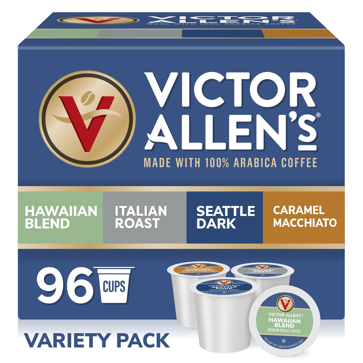 Victor Allen's Coffee variety-pack box with 96 Keurig pods for quick cups