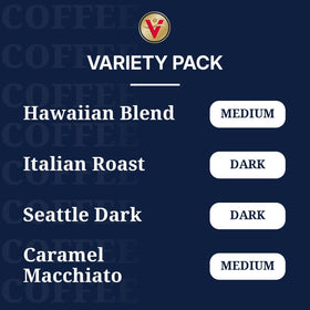 Roast lineup featuring Kona Blend, Italian Roast, Seattle Dark, and Caramel Macchiato
