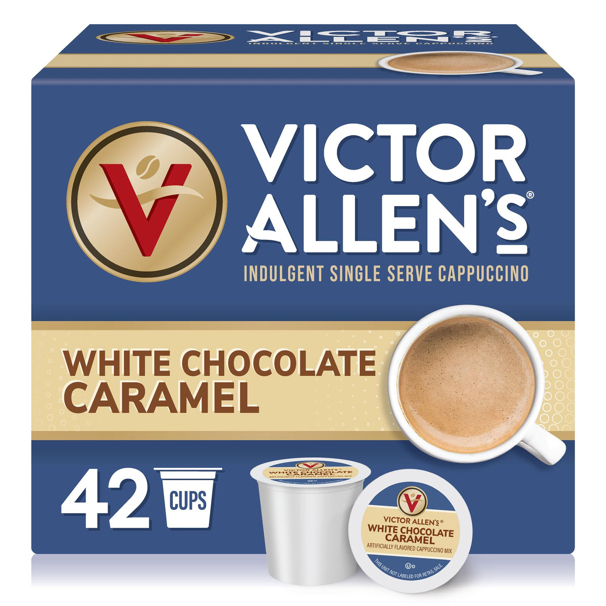 Victor Allen's White Chocolate Caramel pods in a box for Keurig brewers.