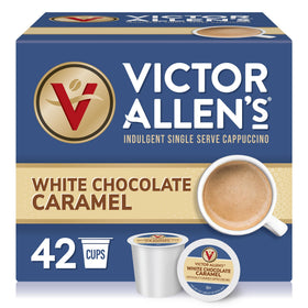 Victor Allen's White Chocolate Caramel pods in a box for Keurig brewers.