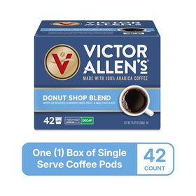 Victor Allen's Decaf Donut Shop Blend box packaging for convenient multi-pack.