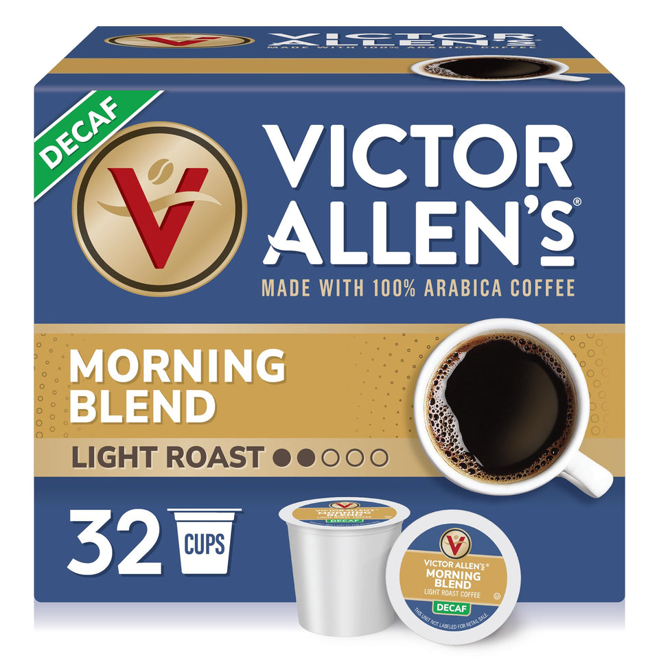 Victor Allen's Decaf Morning Blend box front with 32 pods for easy mornings.